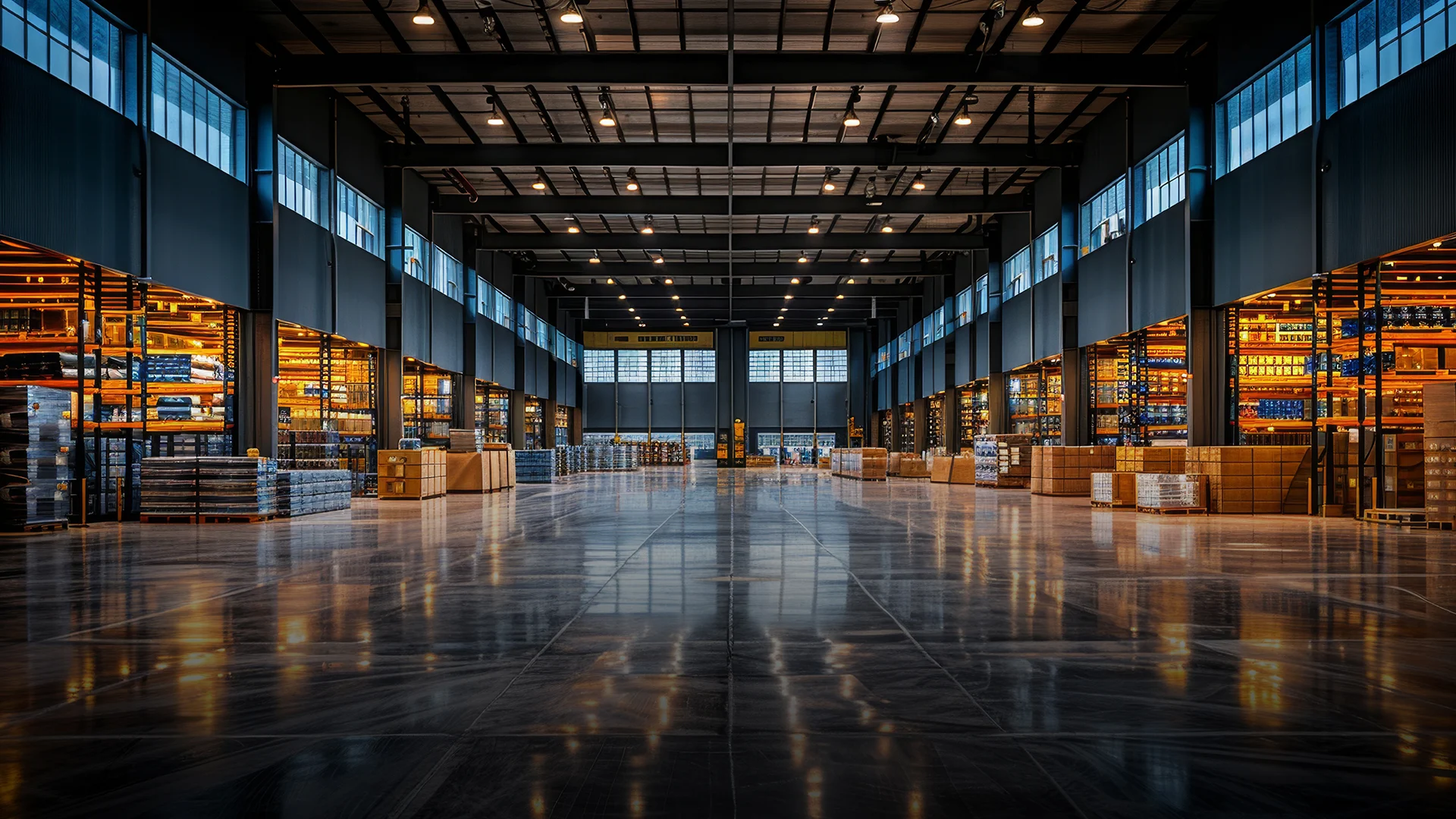 Spacious beverage warehouse with shelves full of different drink products, neatly stacked boxes, and pallets, reflecting on a polished floor.