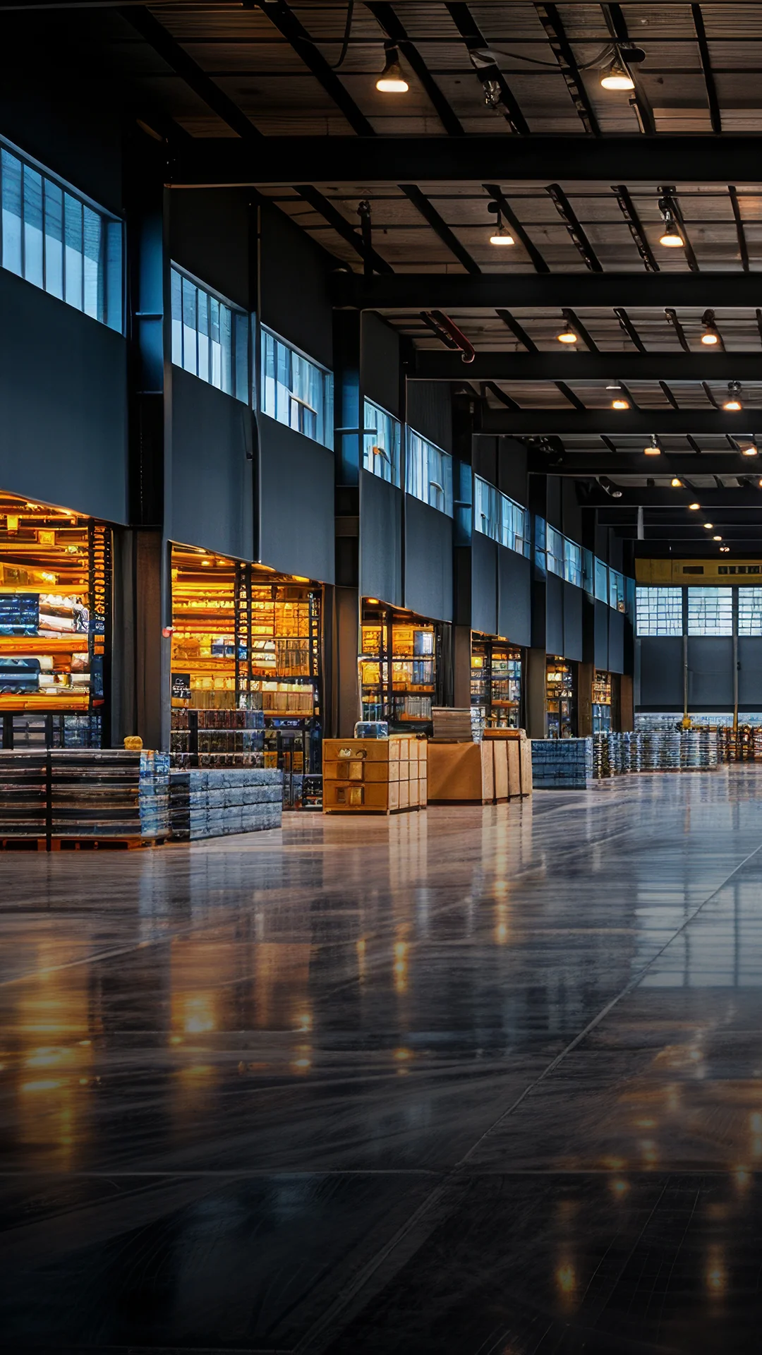 Large beverage warehouse with shelves stacked with various drink products, boxes, and pallets under bright industrial lighting.